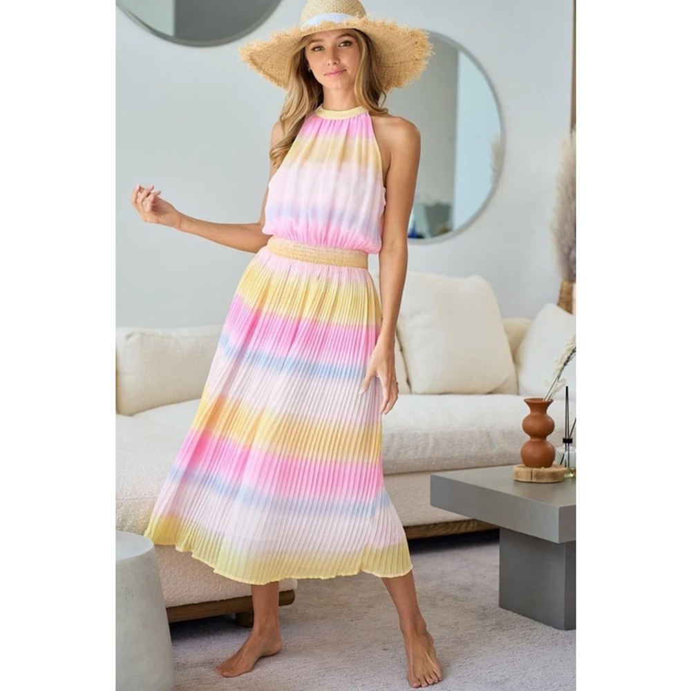 Hayley Ombre Pleated Dress w Elastic Waist Lg NWT